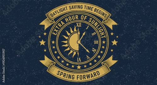 Retro style clock design with sun and text promoting daylight saving time and spring forward concept
