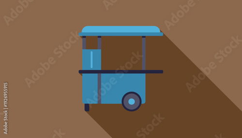 Flat design illustration of a blue food cart with a long shadow on a brown background, perfect for a food business or street food concept