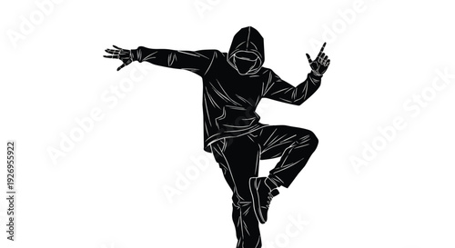Dynamic silhouette of a person in a hoodie dancing. Energetic pose with pointing gesture. Represents youth, urban culture, and freedom.