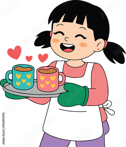 A cartoon illustration of a cheerful girl with black hair in two pigtails, wearing a pink long-sleeved shirt and a white apron