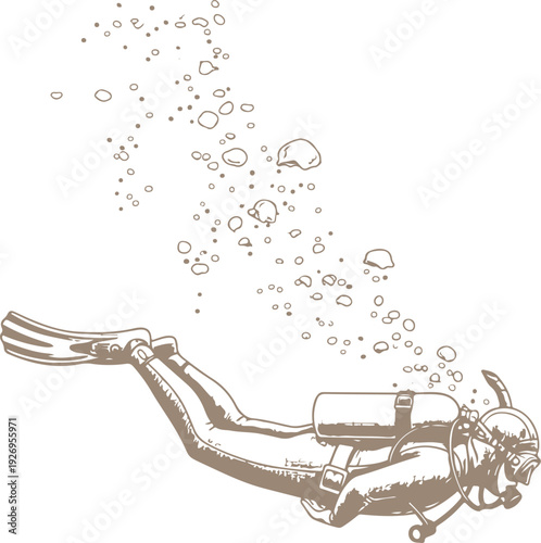 Scuba diver swimming underwater with rising bubbles in a serene ocean scene. Vector, illustration