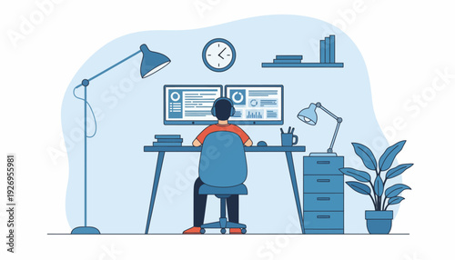 A person working remotely at a desk with multiple monitors and a desk lamp