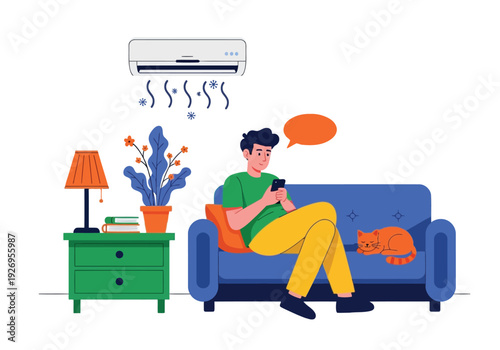 Illustration of man relaxing on a blue sofa using his smartphone with air conditioning blowing cool air, a cat sleeps nearby