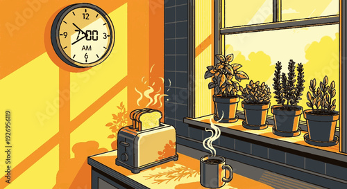 Cozy morning kitchen scene with toaster coffee and plants by sunlit window at 7 00 am