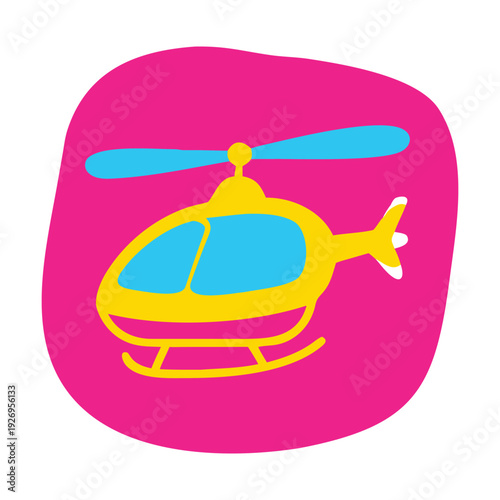 A vibrant illustration of a helicopter with a pink background and yellow rotor blades

