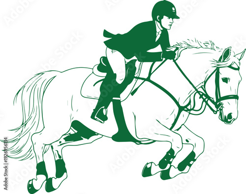 A rider in uniform jumps over an obstacle on a horse in a simple illustration. Vector, illustration