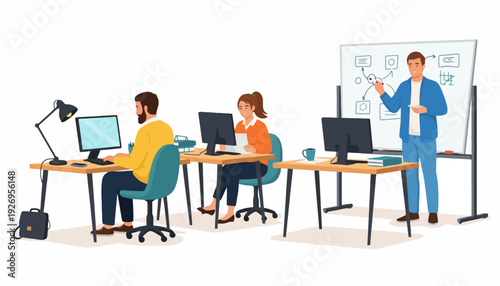 Team of professionals working together in a modern office setting, collaborating on a project with a whiteboard presentation