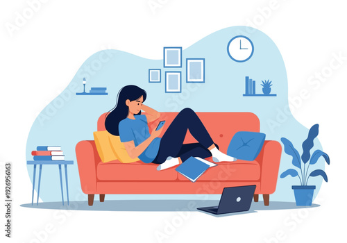 Illustration of woman lounging on a red sofa with a laptop and smartphone, surrounded by books and decor in a cozy living room setting