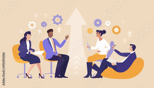 Business meeting illustration with diverse team members collaborating and achieving growth