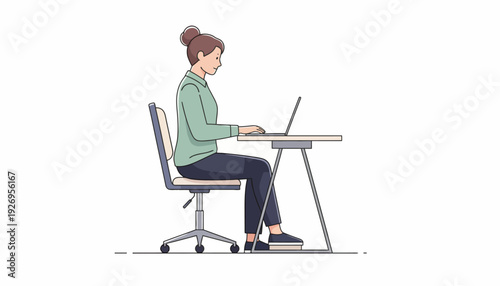 Young professional demonstrating ideal ergonomic posture while engaged in focused laptop work at a modern office desk, promoting wellness and productivity