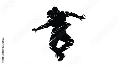 Dynamic street dancer silhouette. Energetic person in cap and hoodie with geometric fragmented style. Youth culture and freedom of movement concept.