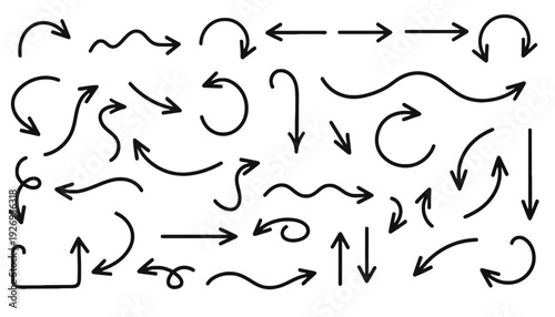 A versatile collection of hand-drawn doodle arrows, featuring various directional pointers, curved, straight, and wavy lines, ideal for modern graphic design