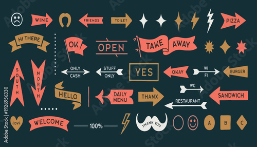 Collection of various directional arrows, signs, and speech bubbles with text in a retro style for graphic design