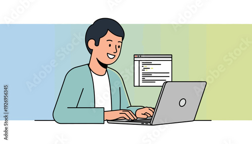 Smiling young man coding on laptop, illustrating software development, digital learning, and programming. Modern tech work with visible code editor, showcasing skills and innovation