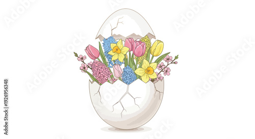 Cracked open eggshell reveals a vibrant bouquet of blooming spring flowers like tulips and daffodils.