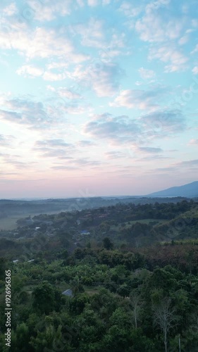 Aerial Drone Sunset Over Mountain Landscape with Scenic Horizon and Sky