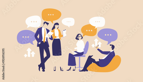 Business team discussing ideas and strategies with speech bubbles representing communication and collaboration in a modern office setting