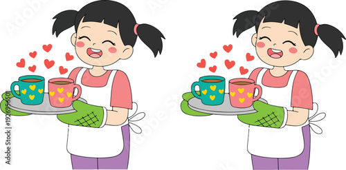 A cartoon illustration of a cheerful girl with black hair in two pigtails, wearing a pink long-sleeved shirt and a white apron
