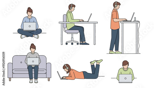 Various individuals in comfortable and ergonomic positions using laptops for work or leisure activities, promoting a healthy lifestyle