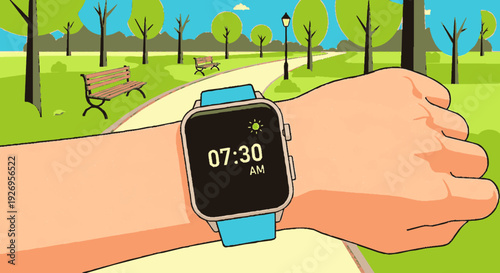 Person wearing smartwatch with blue strap checking time in morning in park with trees and benches