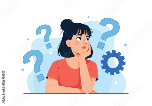 Illustration of young woman thinking with question marks and gears around her head, concept of confusion or problem solving