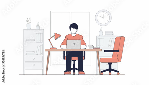 Man working on a laptop at a desk in a home office setting, illustration