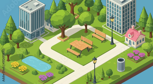 Isometric Urban City Park Illustration with Modern Buildings, Green Spaces, and Leisure Areas for Community and Planning Concepts