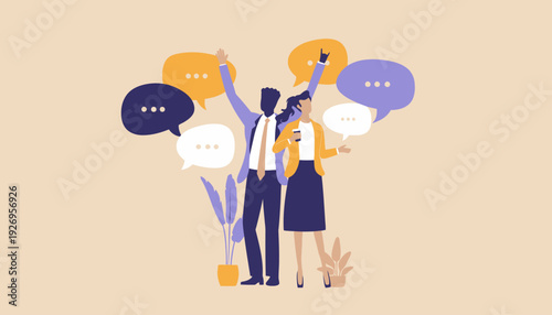 Diverse business colleagues engaging in vibrant collaborative communication, sharing innovative ideas, and celebrating collective success within a dynamic team environment