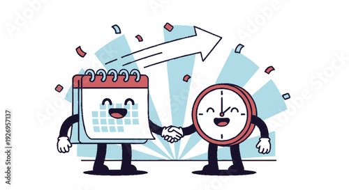 Cheerful cartoon calendar and clock shaking hands symbolizing time management punctuality and teamwork isolated on a bright playful