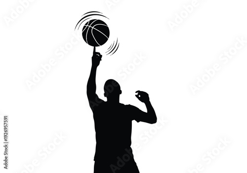 Basketball player silhouette spinning ball on finger. Dynamic motion and skillful performance. Sport and challenge concept.