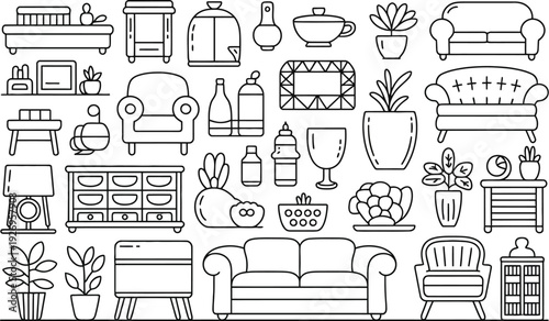 Furniture vector icons set including sofa, armchair, and coffee table