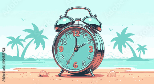 Retro alarm clock with floral design stands on sandy beach with tropical palm trees and blue sky background