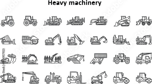 Heavy Machinery Outline Icon Set Vector Illustration Featuring Construction Equipment Bulldozer Excavator Crane Tractor and Industrial Vehicles Collection