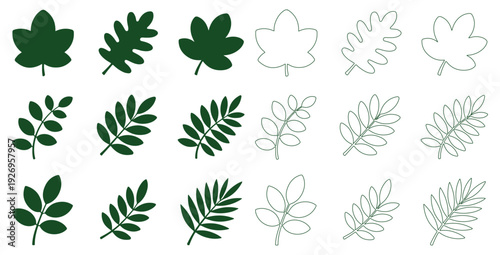 Collection of various stylized dark green leaf silhouettes and matching green line art outlines representing different botanical shapes for design projects