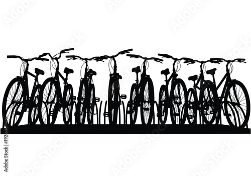 Bicycle silhouettes in a row. Graphic vector illustration of parked bikes. Urban mobility and sustainable transport concept.
