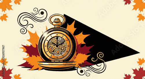 Vintage gold pocket watch with intricate design on cream background surrounded by autumn leaves and swirling patterns