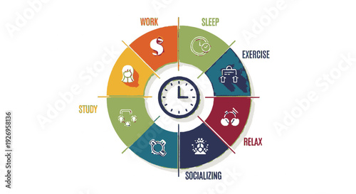 Time management wheel with icons for work sleep exercise relax socializing study