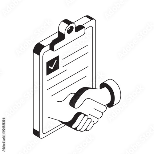 A symbolic handshake occurring above a clipboard with a checkmark
