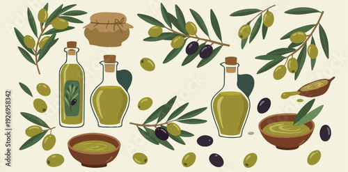 Olive Oil Illustration Set with Bottles, Branches and Olives – Mediterranean Food Vector