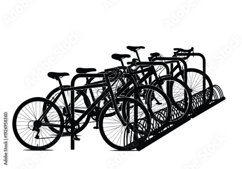 Bicycles parked in a bike rack. Row of urban bikes ready for sustainable commuting. Eco-friendly transportation concept.
