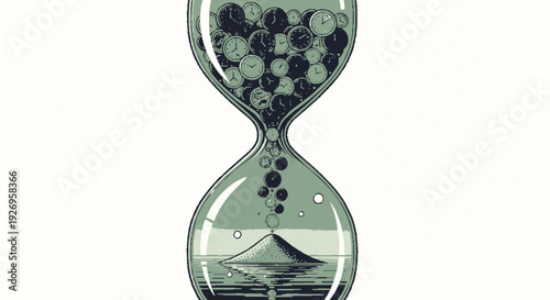 Hourglass with flowing sand and dark petals in a minimalist design symbolizing time passing in a serene and reflective atmosphere