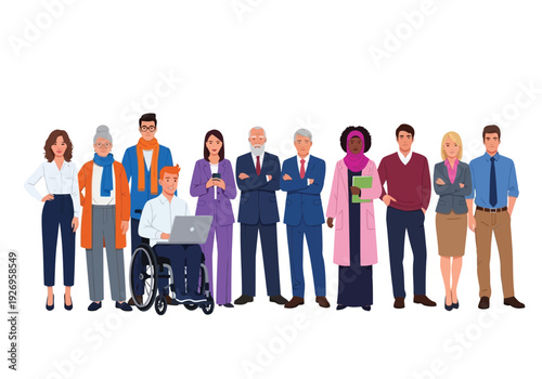 Illustration of a diverse group of professionals, including a person in a wheelchair, stand together in a line