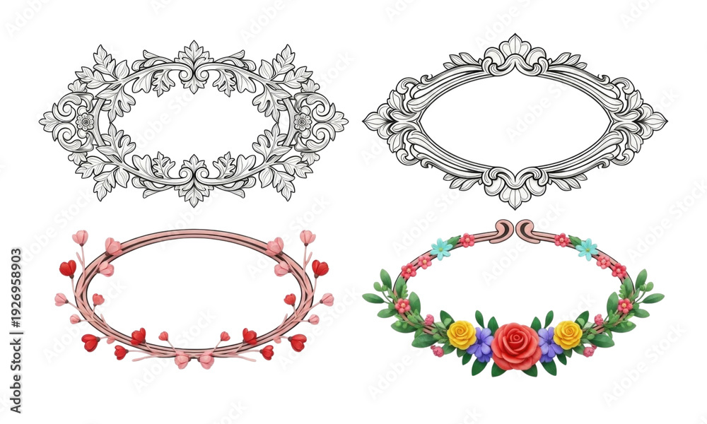 Obraz premium 3D Floral Wreaths Set with Hearts and Flowers Isolated Transparent BG Cutout PNG