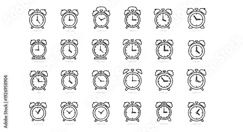 Collection of 24 hand drawn alarm clocks with bells in minimalist black and white style arranged in grid layout