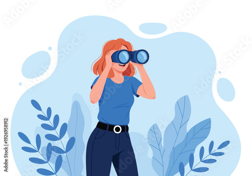 Illustration of a woman looking through binoculars, symbolizing searching, discovery, exploration, and looking towards the future with hope and anticipation