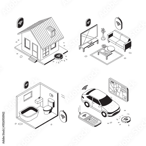 Isometric illustration depicting a connected smart home ecosystem and devices