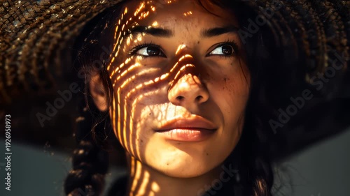 Young woman with braided hair and straw hat gazes thoughtfully as sunlight casts intricate shadows across her face in a serene outdoor setting