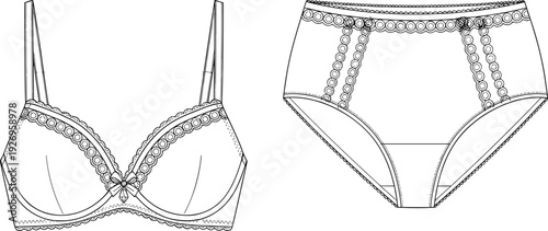 WebElegant lace lingerie set outline illustration, detailed bra and panties line art, feminine underwear fashion design vector template