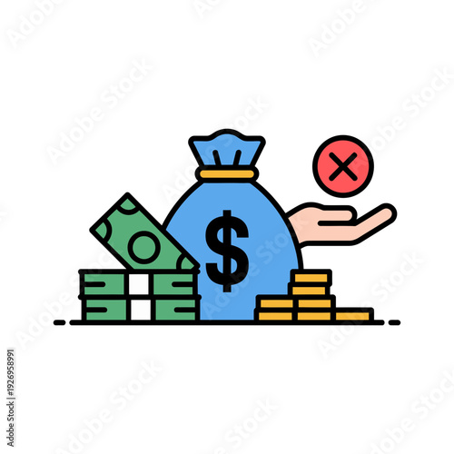 A minimalist vector illustration of a hand rejecting a money bag with a red X symbol