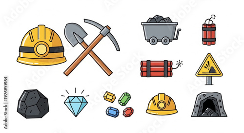 Collection of mining tools and equipment, including helmets, pickaxes, and gemstones.